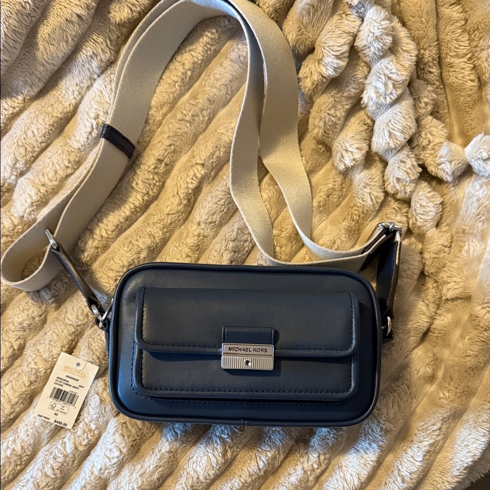 Michael Kors Navy and Beige Leather Crossbody Camera Bag